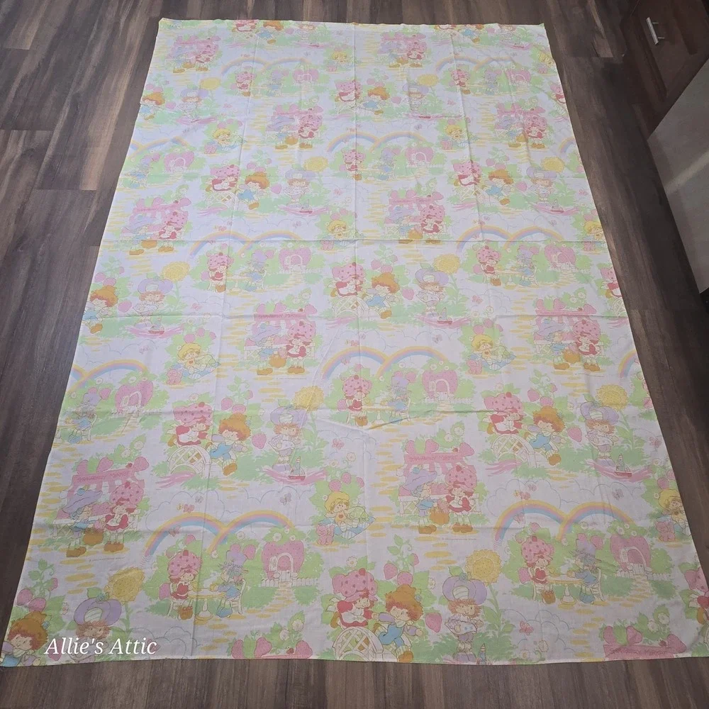 Vintage Strawberry Shortcake Friends Twin Sheet Set Fitted Flat Pillow Case 3 Pc